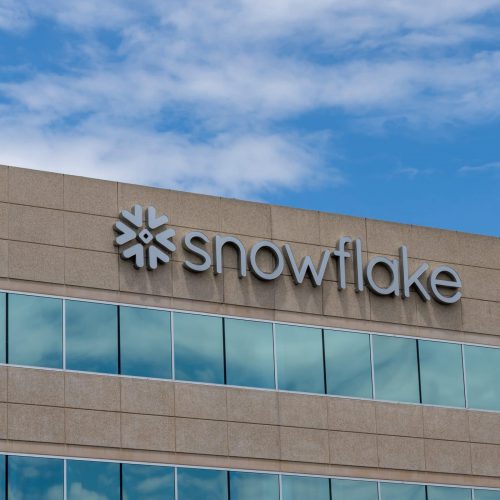 Snowflake sign on its office building in Dublin, California, USA - June 12, 2023. Snowflake Inc. is a cloud computing–based data cloud company.